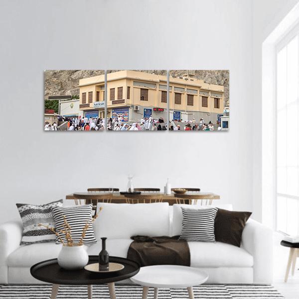 Prophet Muhammad Birthplace House Panoramic Canvas Wall Art in gray, beige and brown, hung on a wall