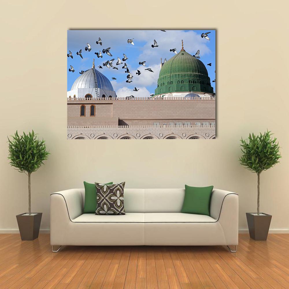 Prophet Muhammed Holy Mosque Domes Canvas Wall Art in beige, green and blue, single panel hung on a wall