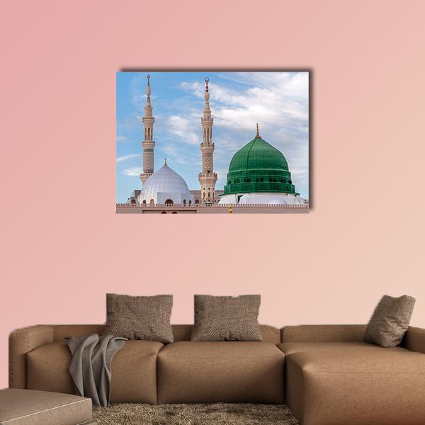 Green Dome of Al-masjid An-nabawi Canvas Wall Art in white, green and blue, single panel hung on a wall