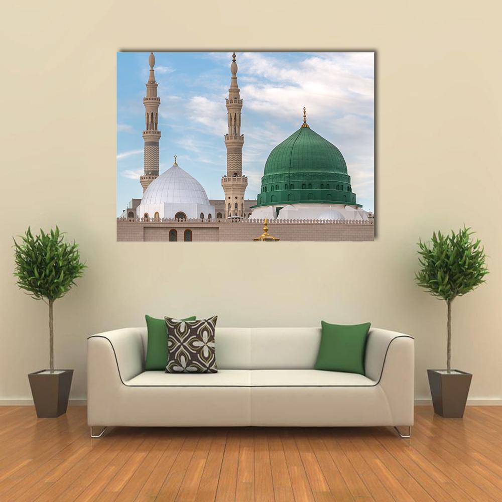 Prophet's Tomb Under the Green Dome Canvas Wall Art in beige, green and blue, single panel hung on a wall