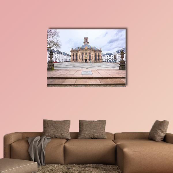 Saarbrucken Protestant Church Canvas Wall Art in white, gray and beige, single panel hung on a wall