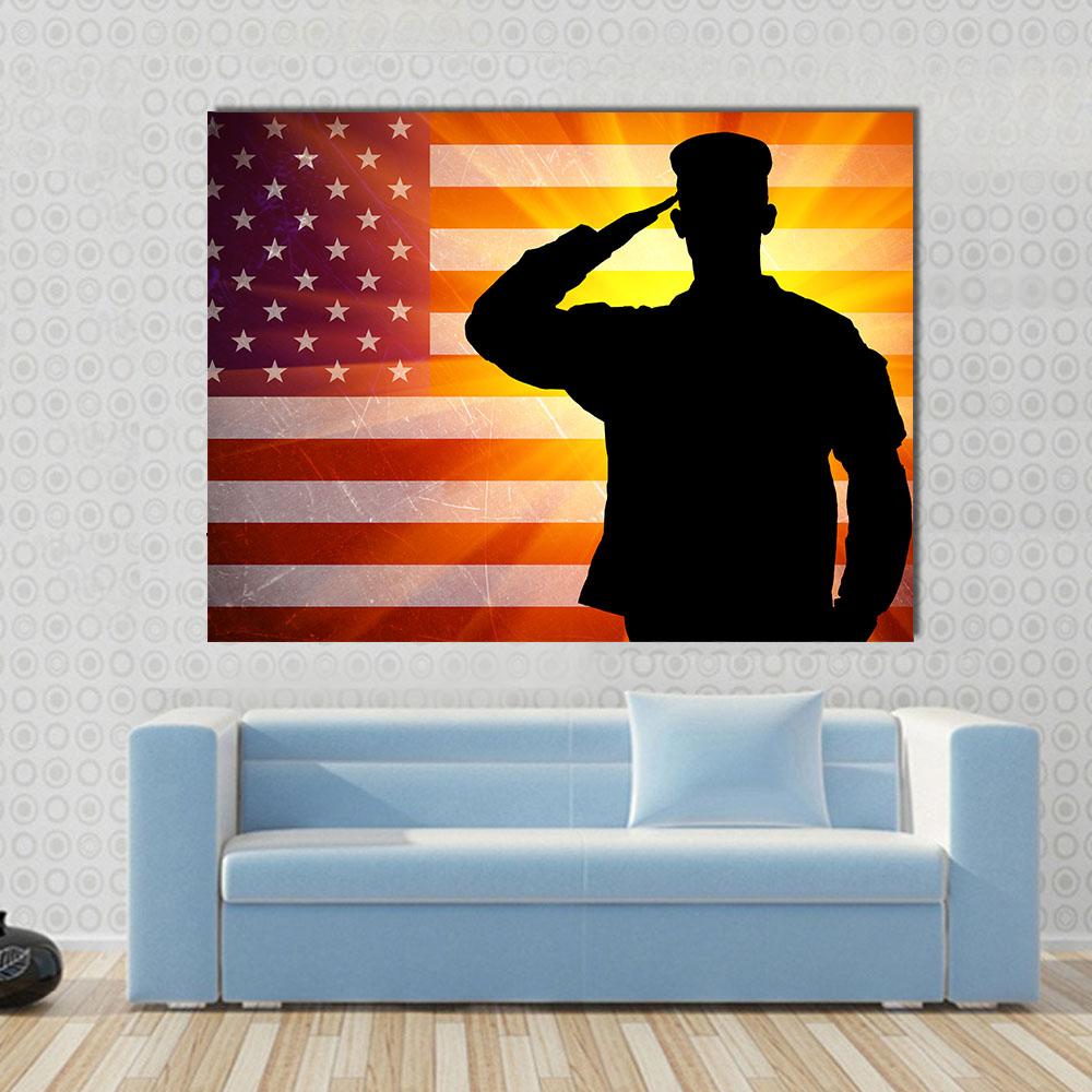 Proud Saluting Male Army Soldier On Grungy American Flag Canvas Wall Art-1 Piece-Gallery Wrap-24" x 16"-Tiaracle