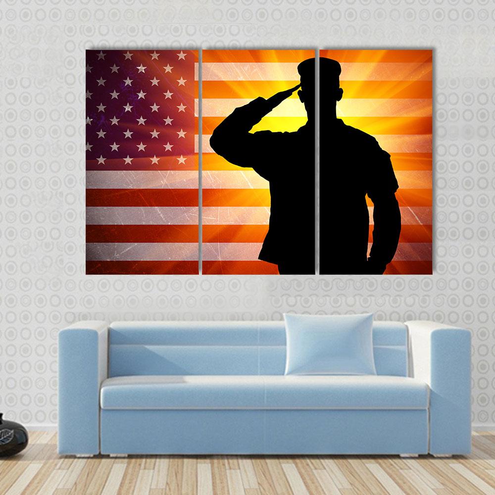 Proud Saluting Male Army Soldier On Grungy American Flag Canvas Wall Art-3 Horizontal-Gallery Wrap-25" x 16"-Tiaracle