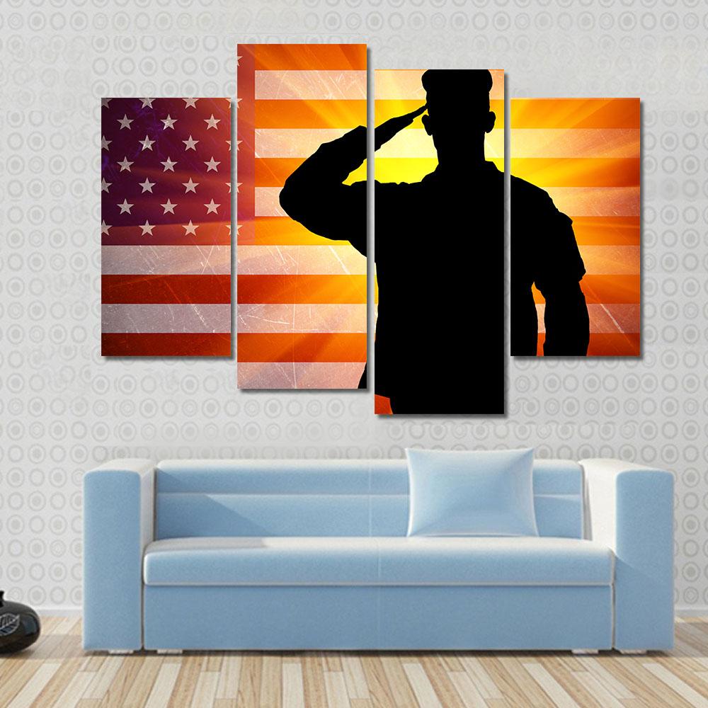 Proud Saluting Male Army Soldier On Grungy American Flag Canvas Wall Art-4 Pop-Gallery Wrap-34" x 20"-Tiaracle
