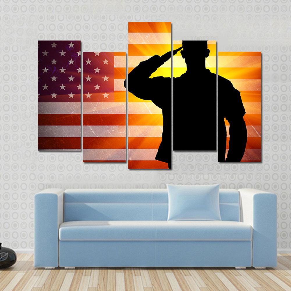 Proud Saluting Male Army Soldier On Grungy American Flag Canvas Wall Art-5 Pop-Gallery Wrap-32" x 21"-Tiaracle