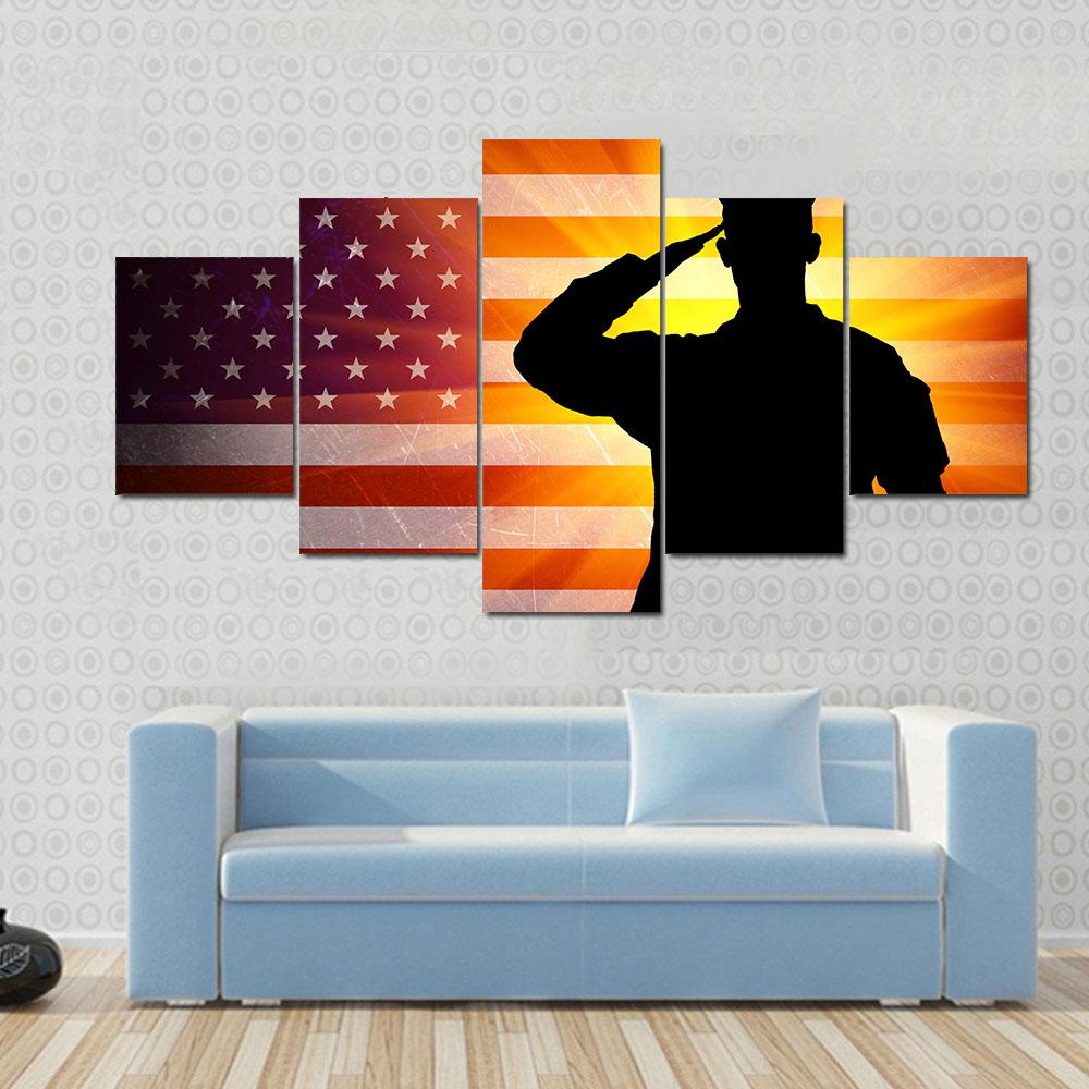 Proud Saluting Male Army Soldier On Grungy American Flag Canvas Wall Art-5 Star-Gallery Wrap-42" x 21"-Tiaracle
