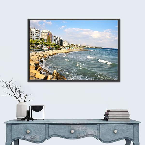 Public Beach In Limassol In Cyprus Canvas Wall Art-1 Piece-Floating Frame-24" x 16"-Tiaracle