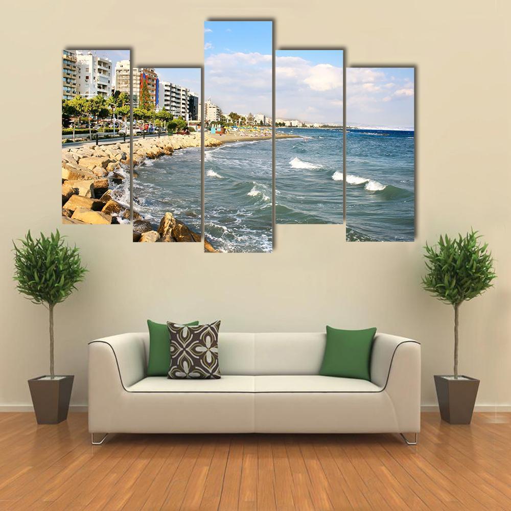 Public Beach In Limassol In Cyprus Canvas Wall Art-5 Pop-Gallery Wrap-47" x 32"-Tiaracle