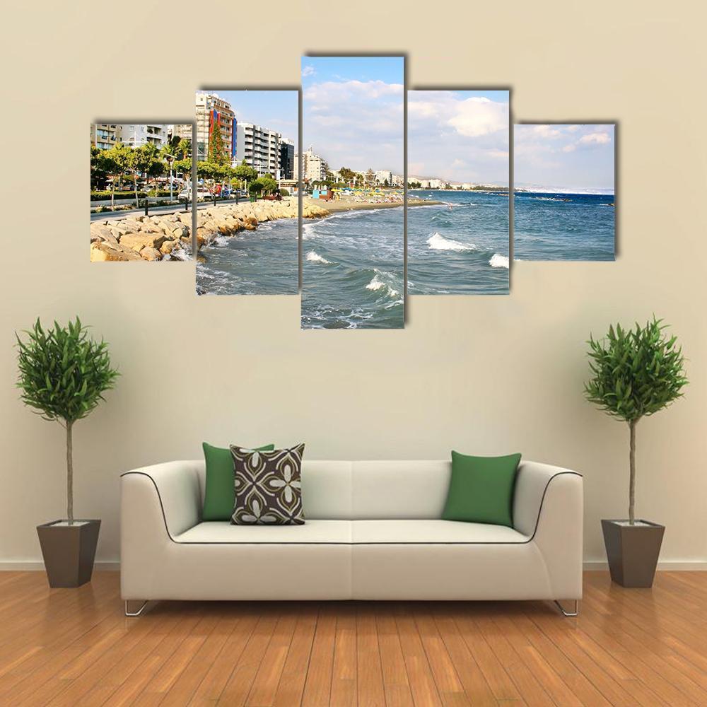 Public Beach In Limassol In Cyprus Canvas Wall Art-5 Star-Gallery Wrap-62" x 32"-Tiaracle