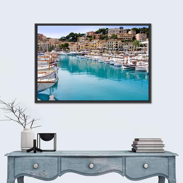 Puerto De Soller Harbor Scene Canvas Wall Art in white, beige and blue, framed canvas, product view on a white background