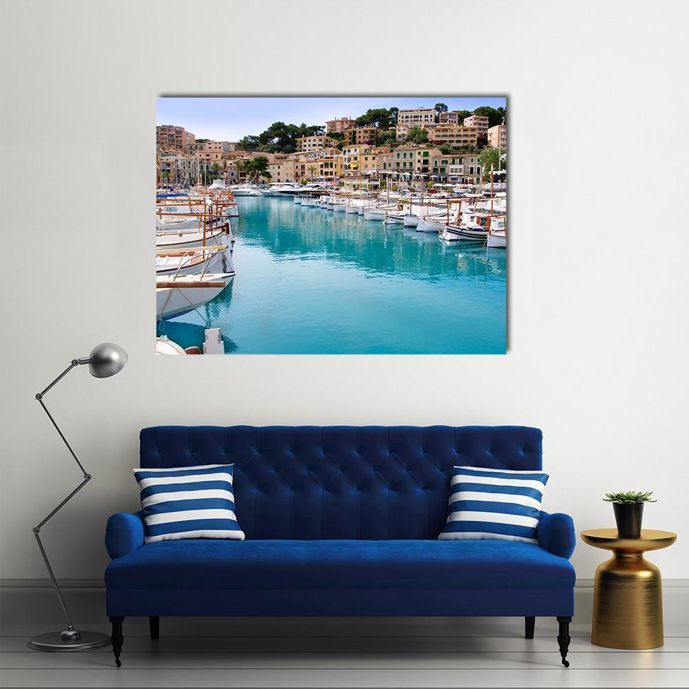 Puerto De Soller Harbor Scene Canvas Wall Art in white, beige and blue, single panel hung on a wall