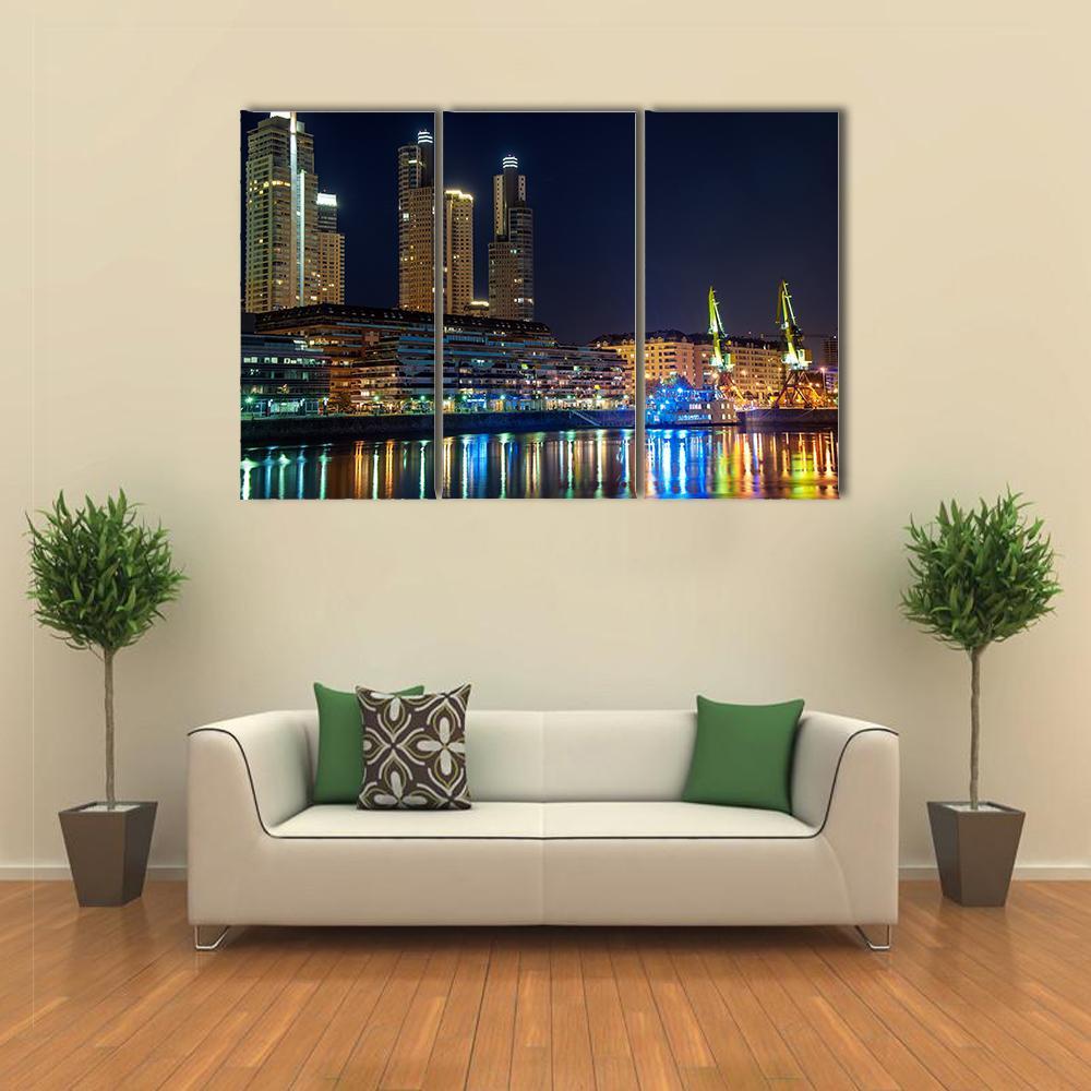 Puerto Madero And Skyscrapers At Night Canvas Wall Art-3 Horizontal-Gallery Wrap-37" x 24"-Tiaracle