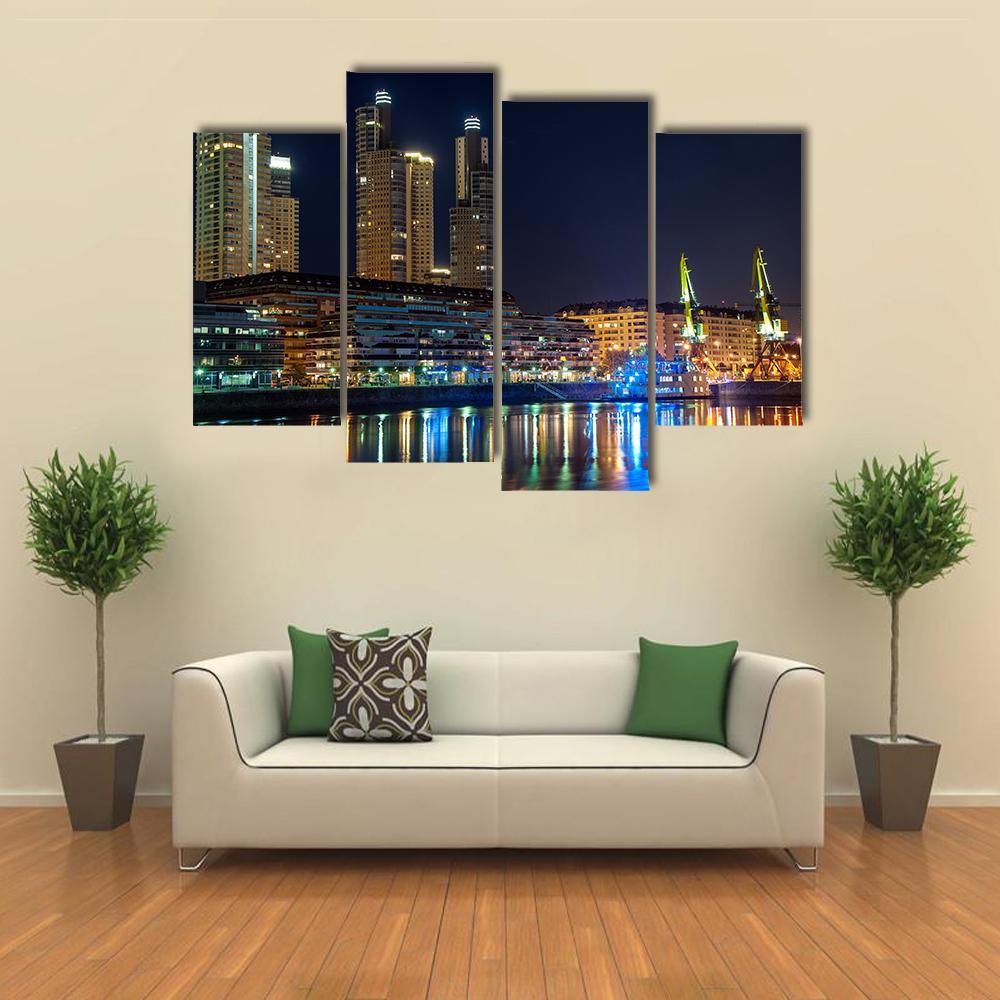 Puerto Madero And Skyscrapers At Night Canvas Wall Art-4 Pop-Gallery Wrap-50" x 32"-Tiaracle