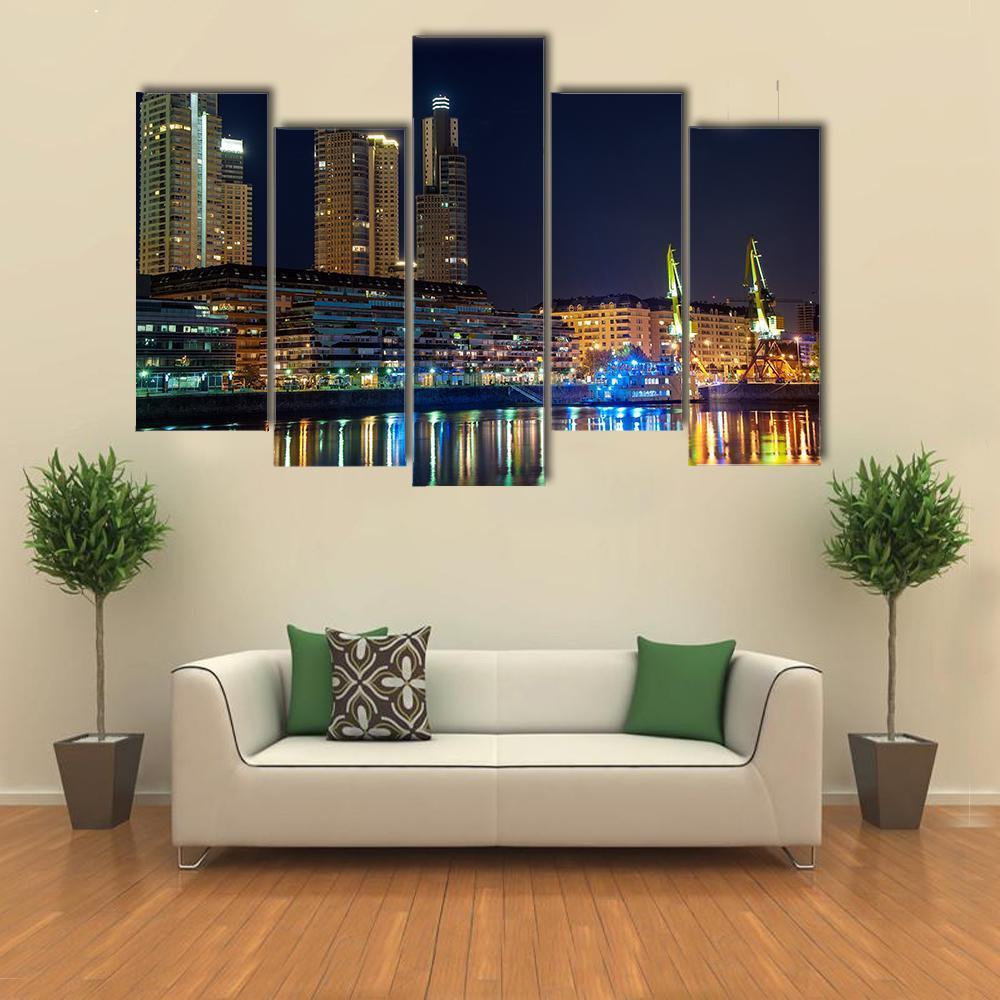 Puerto Madero And Skyscrapers At Night Canvas Wall Art-5 Pop-Gallery Wrap-47" x 32"-Tiaracle
