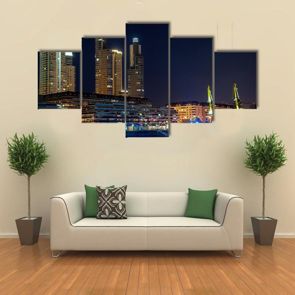 Puerto Madero And Skyscrapers At Night Canvas Wall Art-5 Star-Gallery Wrap-62" x 32"-Tiaracle