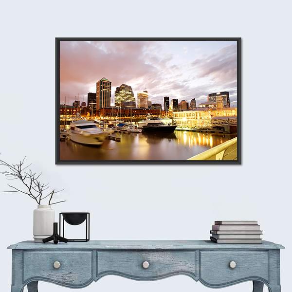 Puerto Madero In Evening Canvas Wall Art-1 Piece-Floating Frame-24" x 16"-Tiaracle