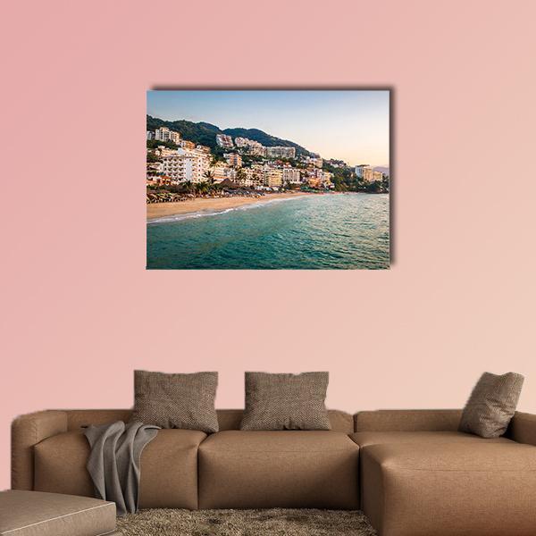 Puerto Vallarta Beach and Hillside Town Canvas Wall Art in beige, green and blue, single panel hung on a wall