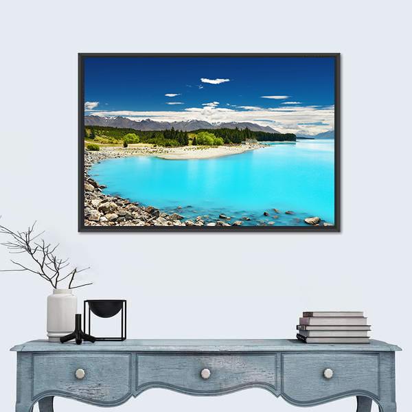 Pukaki Lake In New Zealand Canvas Wall Art-1 Piece-Floating Frame-24" x 16"-Tiaracle