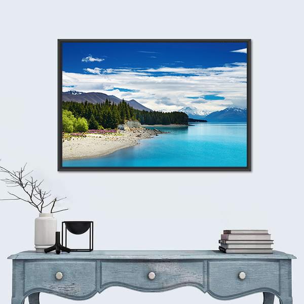 Pukaki Lake In New Zealand Canvas Wall Art-1 Piece-Floating Frame-36" x 24"-Tiaracle