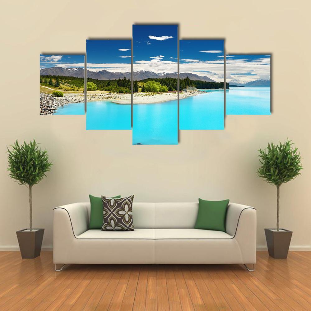 Pukaki Lake In New Zealand Canvas Wall Art-5 Star-Gallery Wrap-62" x 32"-Tiaracle