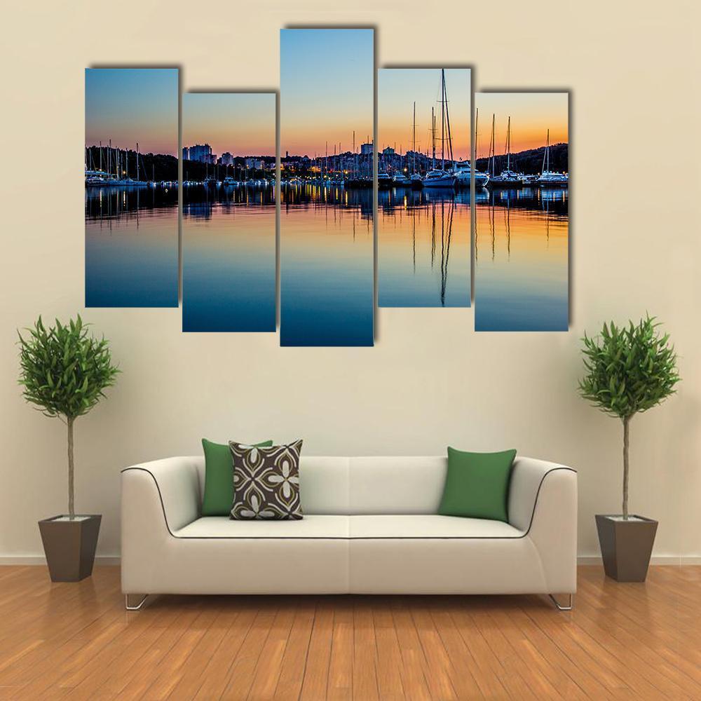 Pula Marina At Dawn In Croatia Canvas Wall Art-5 Pop-Gallery Wrap-47" x 32"-Tiaracle