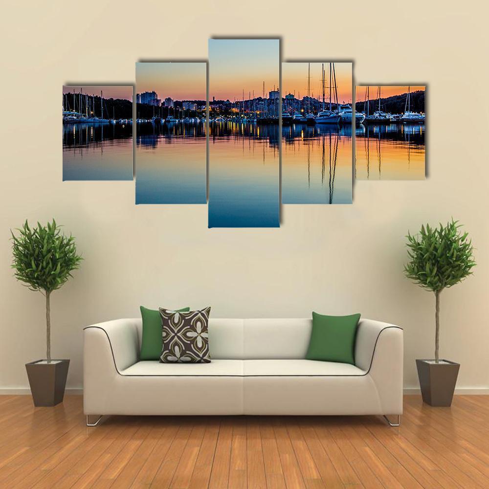 Pula Marina At Dawn In Croatia Canvas Wall Art-5 Star-Gallery Wrap-62" x 32"-Tiaracle