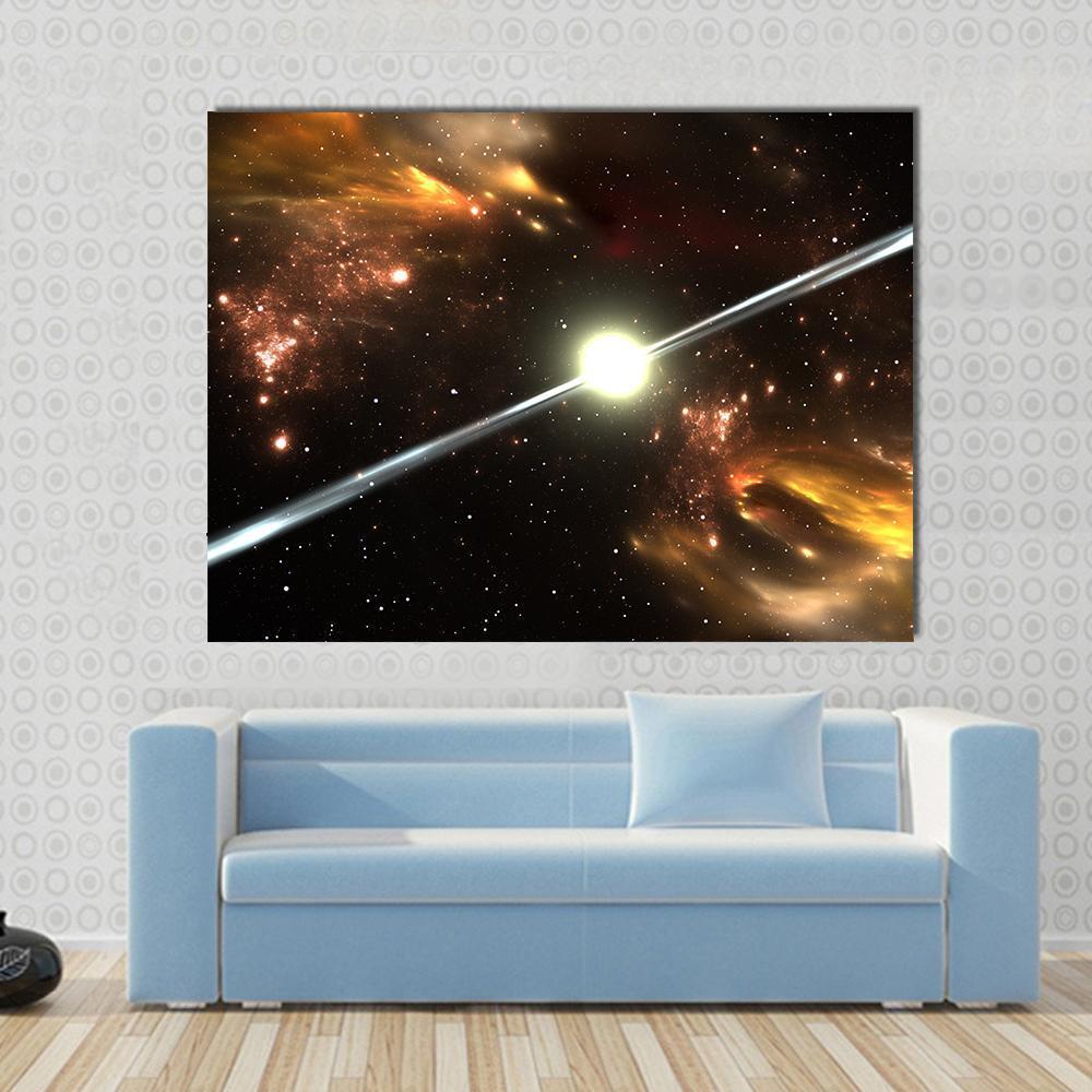 Pulsar Highly Magnetized Canvas Wall Art in black, orange and yellow, single panel hung on a wall