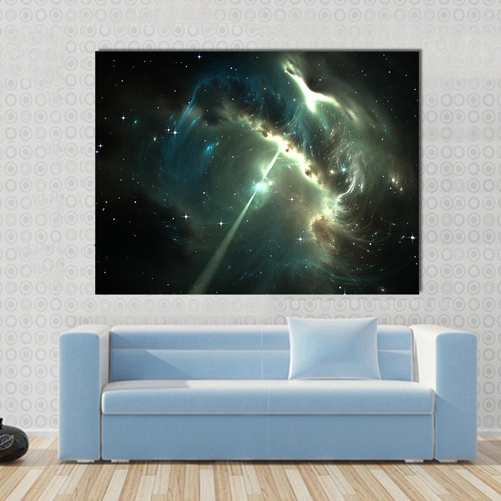 Pulsar in the Nebula Canvas Wall Art in black, green and blue, single panel hung on a wall