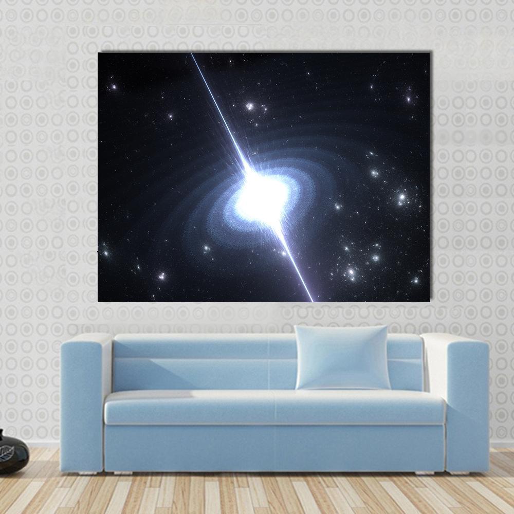 Pulsar Rotating Neutron Star Canvas Wall Art in black, white and blue, single panel hung on a wall