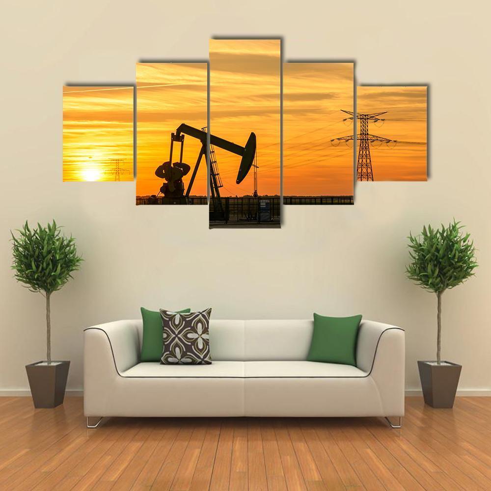 Pumpjack Pumping Oil Out Of A Well Canvas Wall Art-5 Star-Gallery Wrap-62" x 32"-Tiaracle