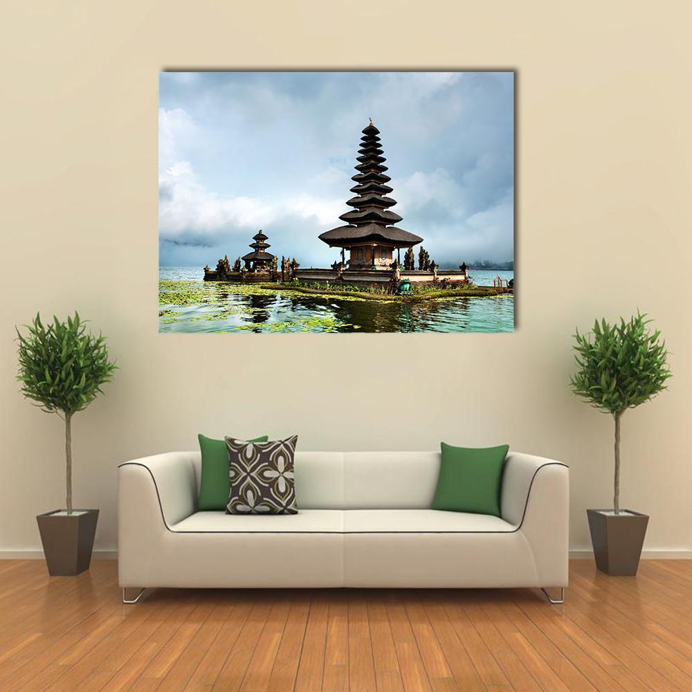 Pura Ulun Danu Bratan Temple Canvas Wall Art in gray, green and blue, single panel hung on a wall