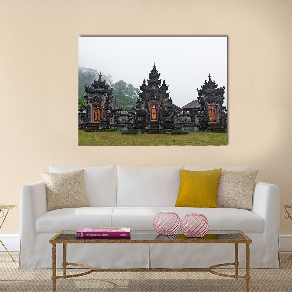 Pura Ulun Danu Buyan Temple Canvas Wall Art in white, gray and green, single panel hung on a wall