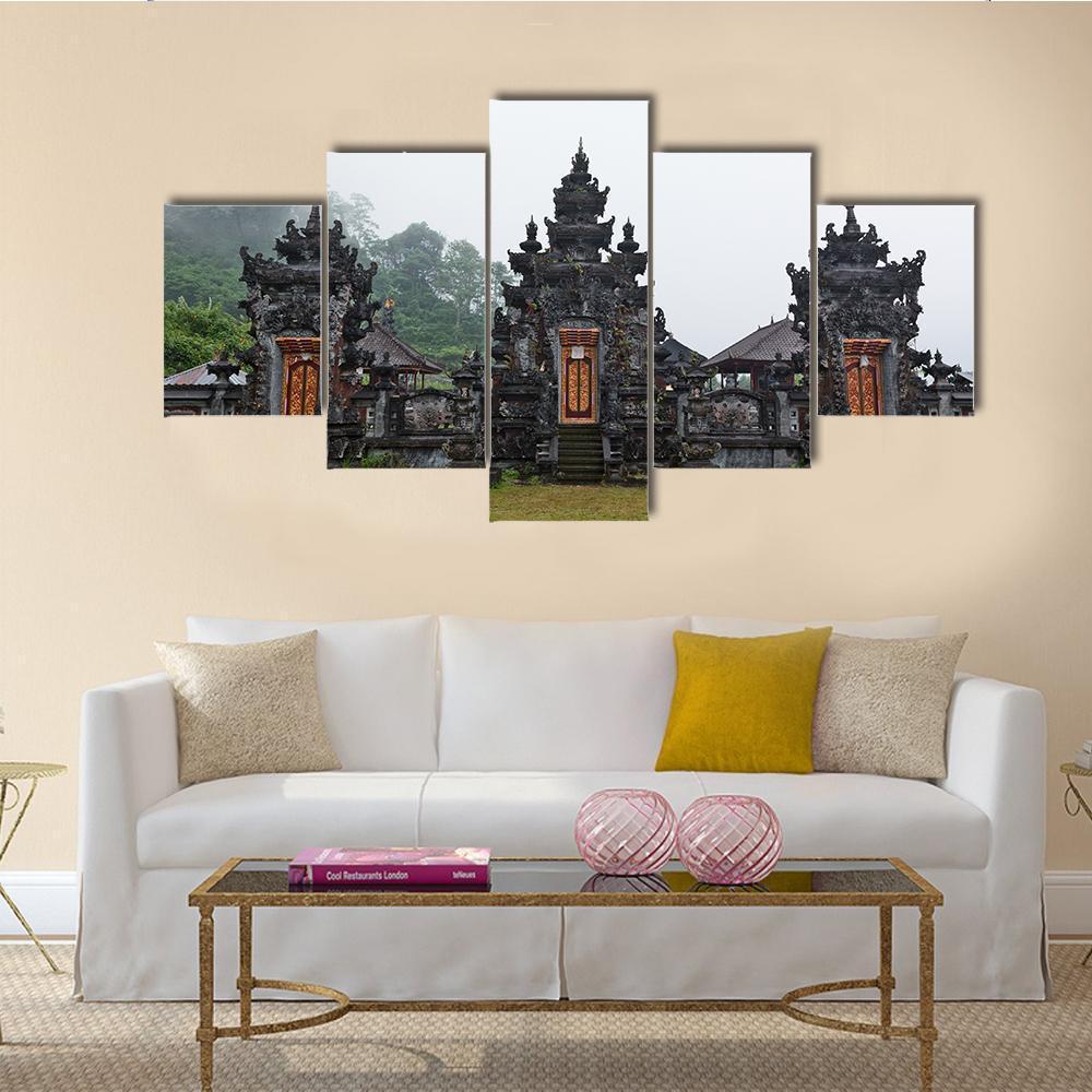 Pura Ulun Danu Buyan Temple Canvas Wall Art in white, gray and green, 5 panel Star layout hung on a wall