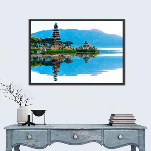Pura Ulun Danu Temple At Sunrise On Lake Bratan Canvas Wall Art-1 Piece-Floating Frame-24" x 16"-Tiaracle
