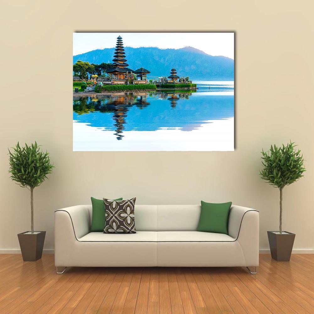 Pura Ulun Danu Temple at Lake Bratan Canvas Wall Art in white, green and blue, single panel hung on a wall