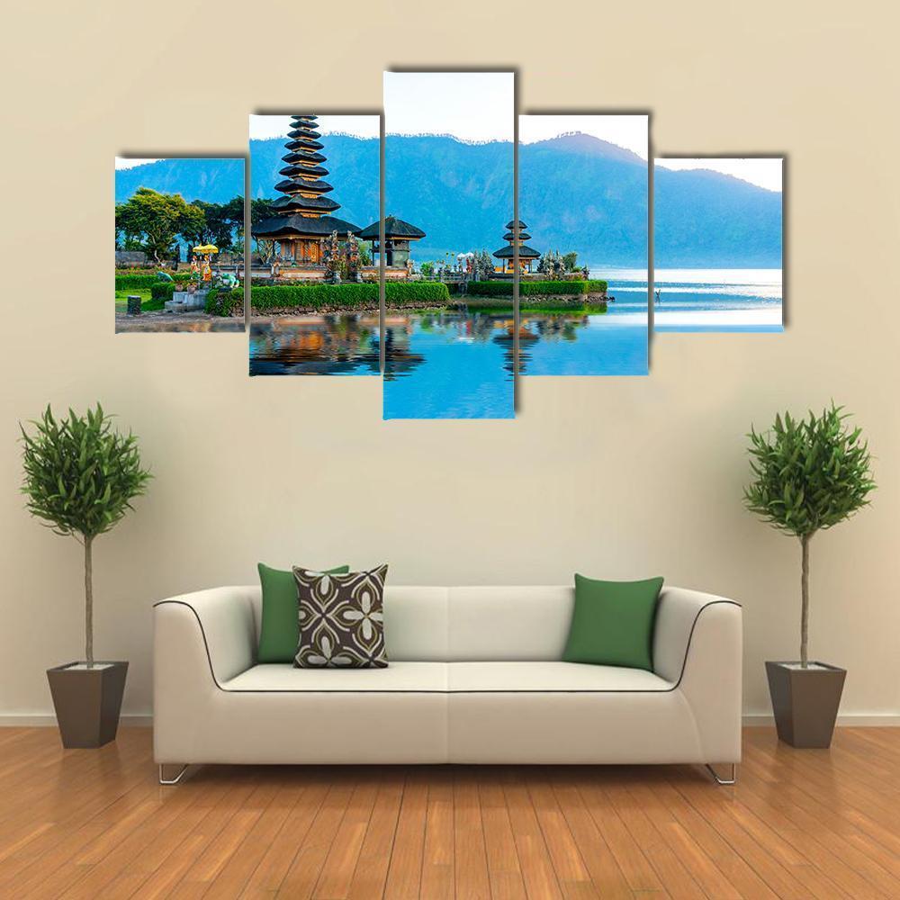 Pura Ulun Danu Temple At Sunrise On Lake Bratan Canvas Wall Art-5 Star-Gallery Wrap-62" x 32"-Tiaracle