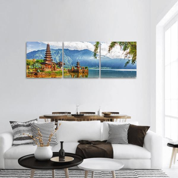 Pura Ulun Danu Temple On A Lake Beratan Panoramic Canvas Wall Art-3 Piece-25" x 08"-Tiaracle