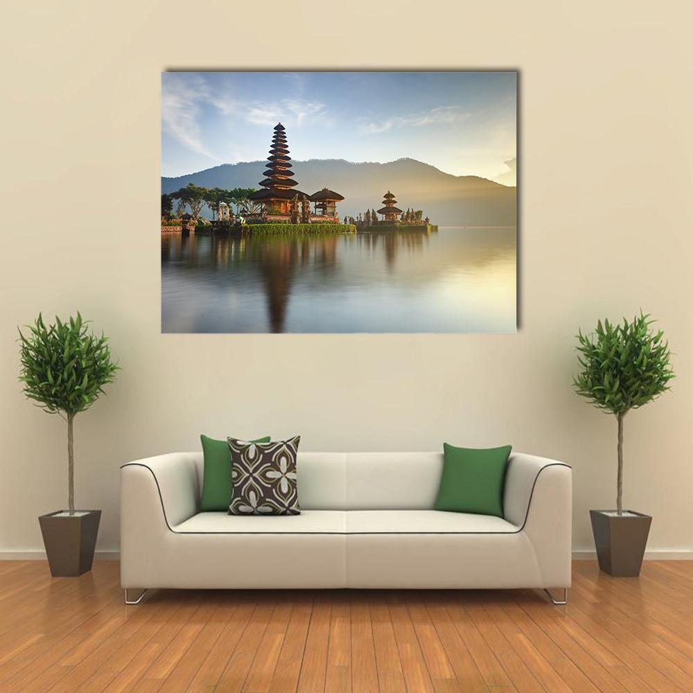 Pura Ulun Danu Beratan at Lake Bratan Canvas Wall Art in yellow, green and blue, single panel hung on a wall