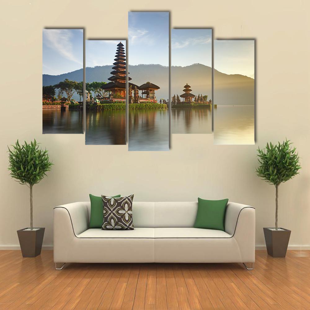Temple On Lake Bratan Canvas Wall Art-5 Pop-Gallery Wrap-47" x 32"-Tiaracle