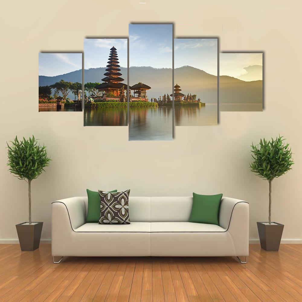 Temple On Lake Bratan Canvas Wall Art-5 Star-Gallery Wrap-62" x 32"-Tiaracle