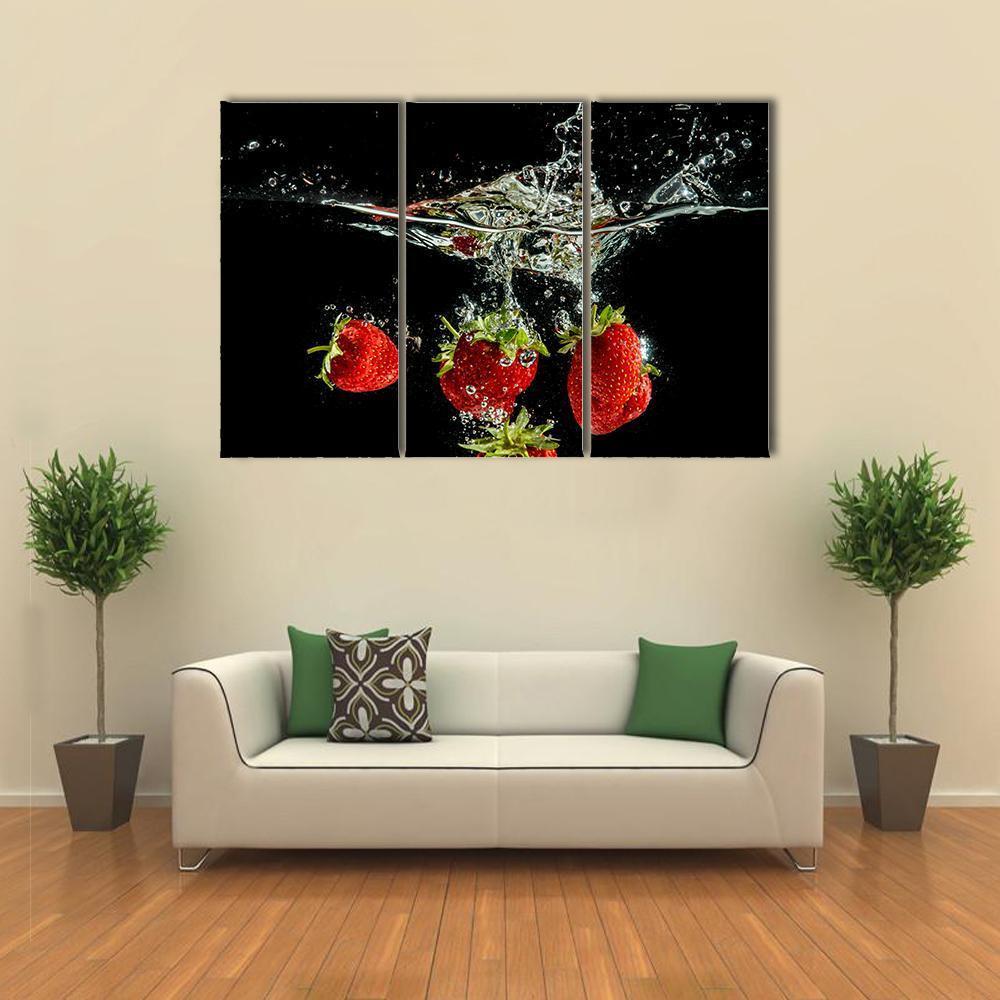 Pure Falling Strawberry Into Water Canvas Wall Art-3 Horizontal-Gallery Wrap-37" x 24"-Tiaracle