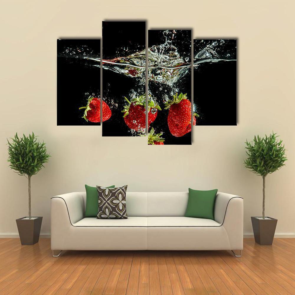 Pure Falling Strawberry Into Water Canvas Wall Art-5 Star-Gallery Wrap-62" x 32"-Tiaracle
