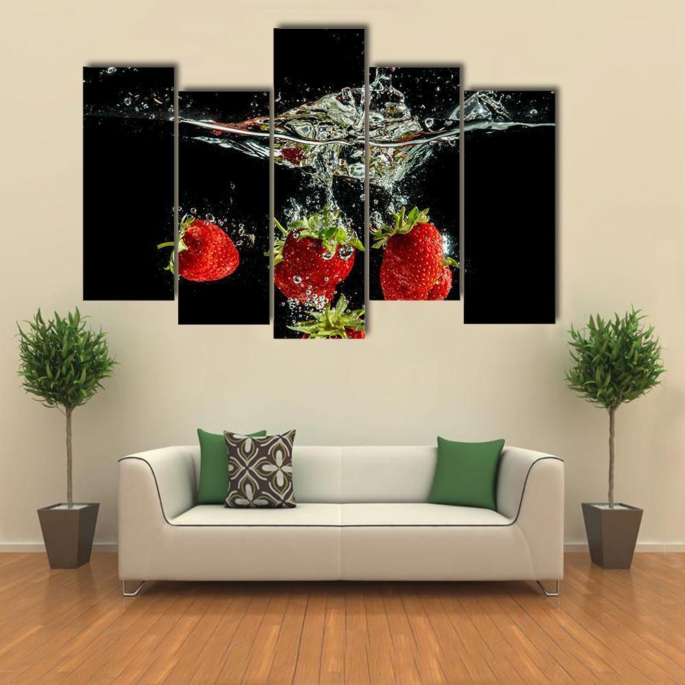 Pure Falling Strawberry Into Water Canvas Wall Art-5 Pop-Gallery Wrap-47" x 32"-Tiaracle