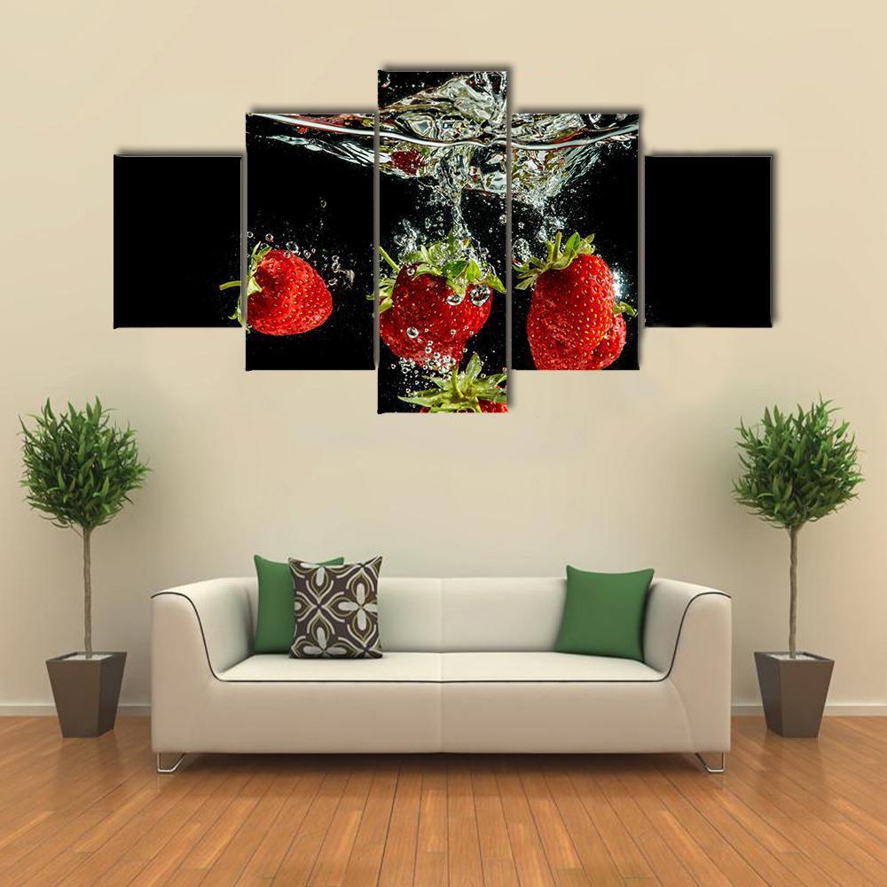 Pure Falling Strawberry Into Water Canvas Wall Art-5 Star-Gallery Wrap-62" x 32"-Tiaracle
