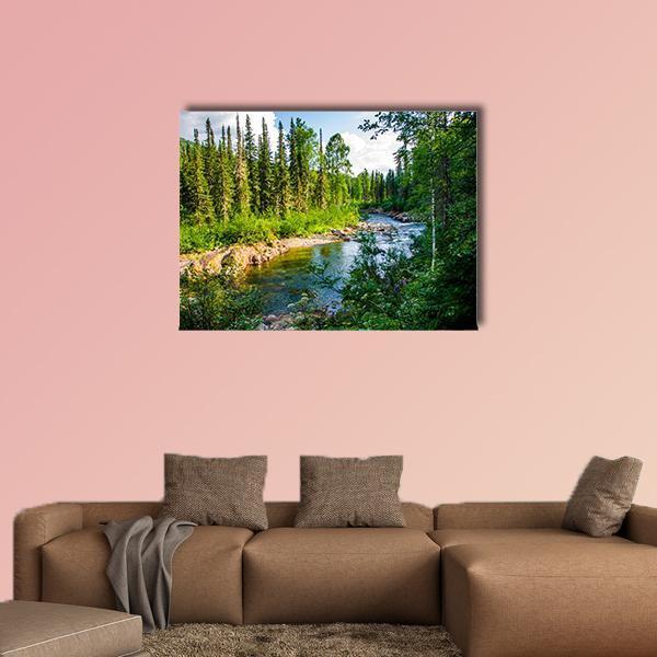 Sunny Mountain River in Summer Canvas Wall Art in green and blue, single panel hung on a wall