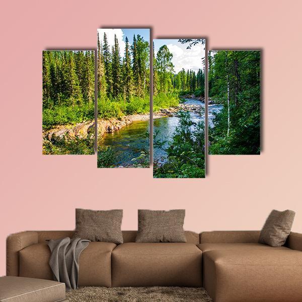 Pure Mountain River In Warm Sunny Summer Day Canvas Wall Art-4 Pop-Gallery Wrap-50" x 32"-Tiaracle