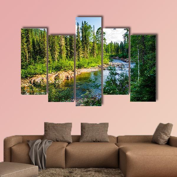 Pure Mountain River In Warm Sunny Summer Day Canvas Wall Art-5 Pop-Gallery Wrap-47" x 32"-Tiaracle