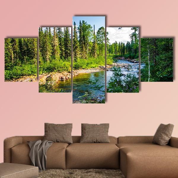 Pure Mountain River In Warm Sunny Summer Day Canvas Wall Art-5 Star-Gallery Wrap-62" x 32"-Tiaracle