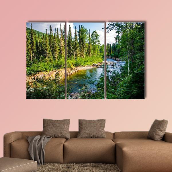 Pure Mountain River In Warm Sunny Summer Day Canvas Wall Art-3 Horizontal-Gallery Wrap-37" x 24"-Tiaracle
