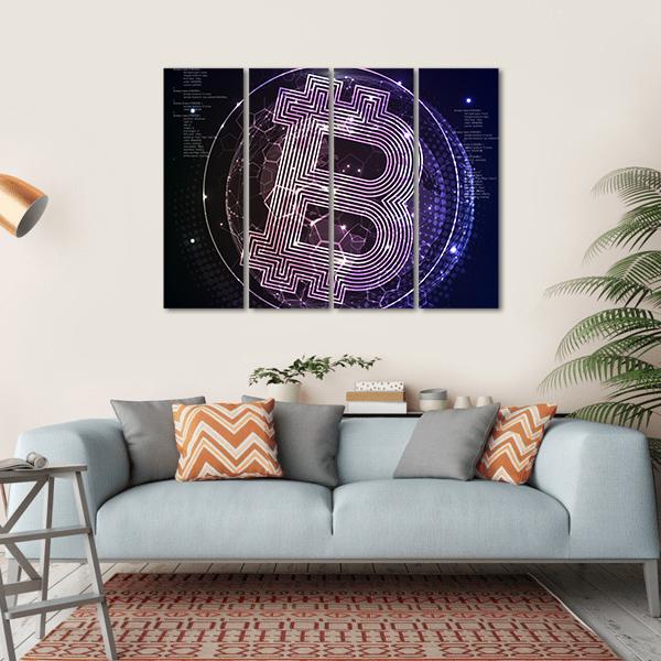 Purple Bitcoin Logo Digital Canvas Wall Art in black, blue and purple, hung on a wall